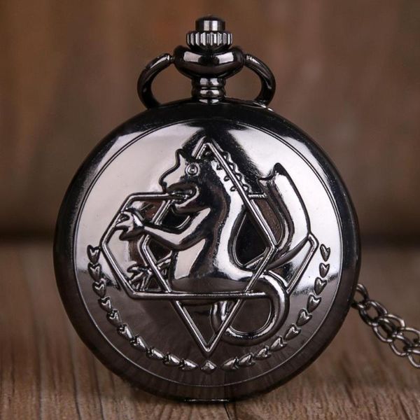 Cep saatleri tam siyah metal simyacı donuk cila Edward Elric kolye zinciri erkek kadın kadın kuvars hediye spocket