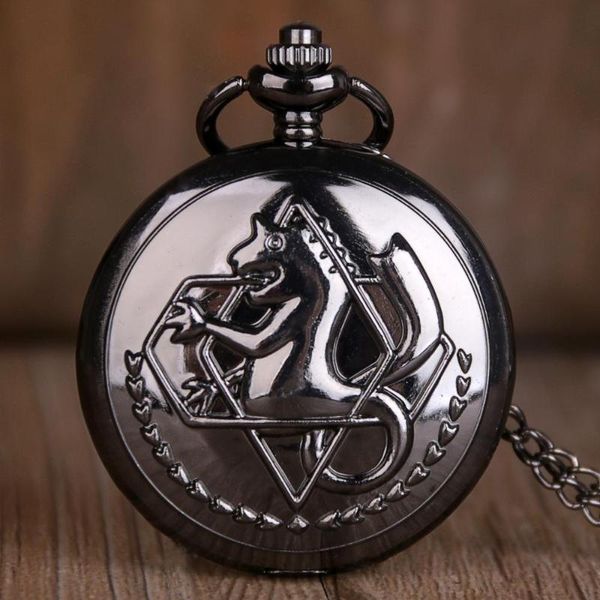 Taschenuhren Full Black Metal Alchemist Dull Polish Edward Elric Halskette Kette Männer Frauen Quarz GeschenkeTasche