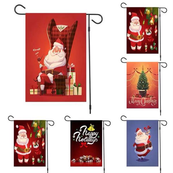 Neues Frohe-Weihnachts-Banner MerryChristmas Weihnachtsmann-Muster-Gartenschild aus Leinenmaterial mit eisernem Fahnenmast, rechteckiges Banner 47 x 32 cm