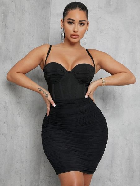 

ruched mesh underwire binding detail bodycon mini dress o22f#, Black;gray