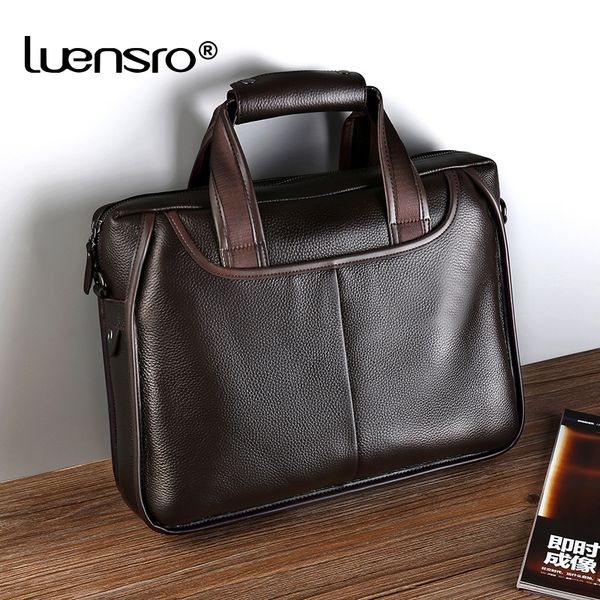 

luensro fashion men briefcase genuine leather handbag male 14 inch lapbag real leather bussiness shoulder bag for men 210302