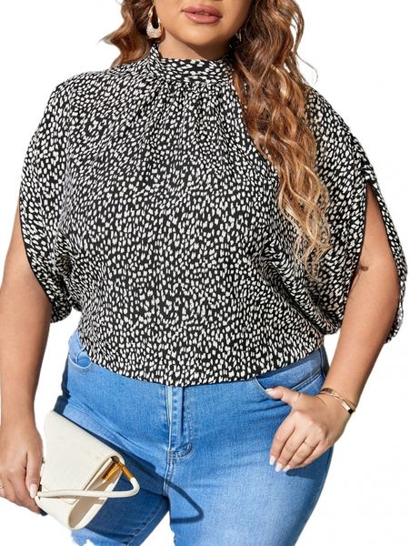 

plus allover print batwing sleeve blouse v9xe#, Black