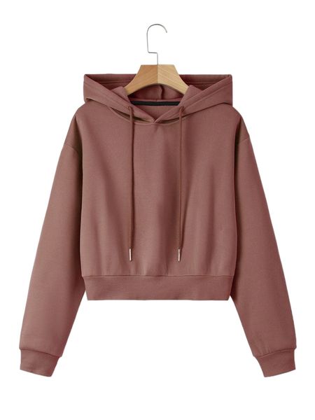 

solid drawstring crop thermal lined hoodie v5rq#, Black