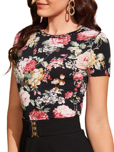 

floral print form fitted tee o4bh#, White