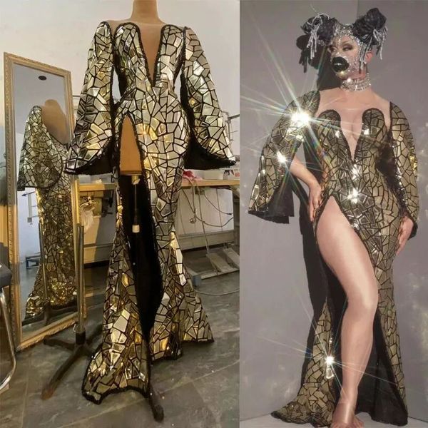 Frauen Sänger Konzert Bühne Tragen Gold Laser Spiegel Pailletten Schlitz Langes Kleid Bar Nachtclub Sexy Leistung Kleidung Prom Party Feier tanz Kostüm