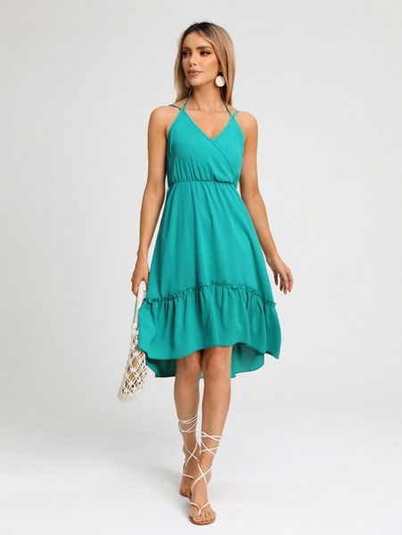 

surplice frill trim ruffle hem halter dress c9kd#, Black;gray