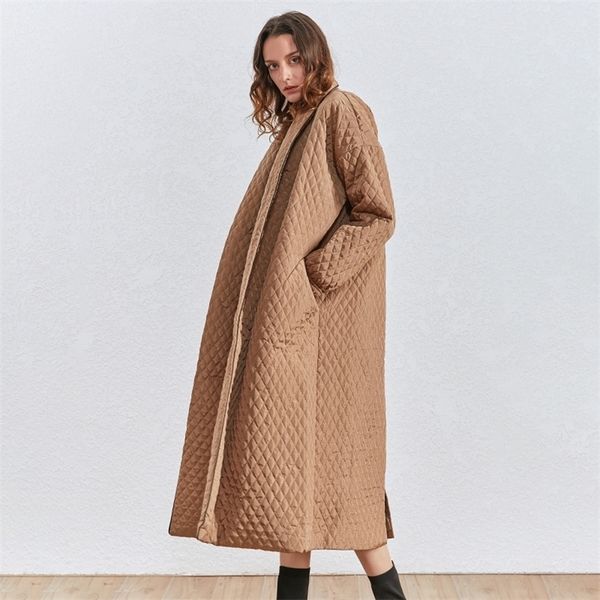 

chicever korean plaid cotton coat for women lapel collar lantern sleeve oversize loose casual long female parkas winter lj201127, Black
