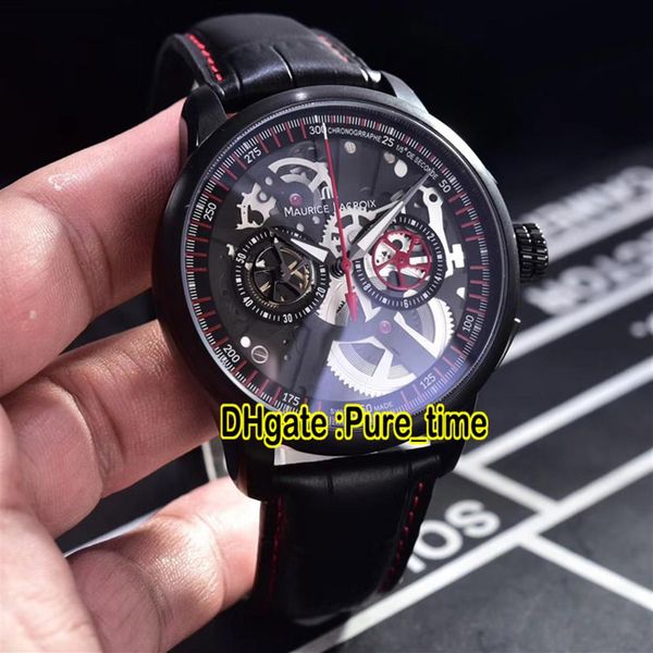 

new maurice lacroix masterpiece mp7128-ss001-300-1 skeleton dial quartz chronograph mens watch pvd black steel case leather strap 247k, Slivery;brown