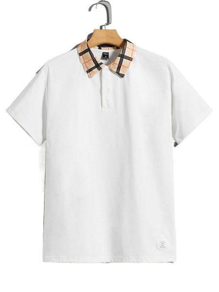 

men plaid contrast collar polo shirt 11kb#, White;black