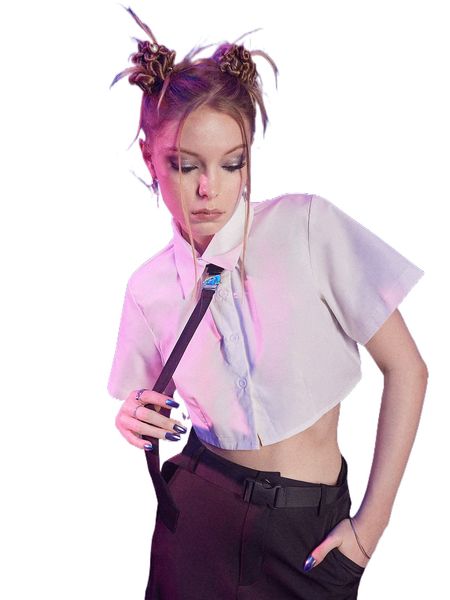

romwe cyber luvr solid button front crop shirt & 1pc tie a9qp#, White