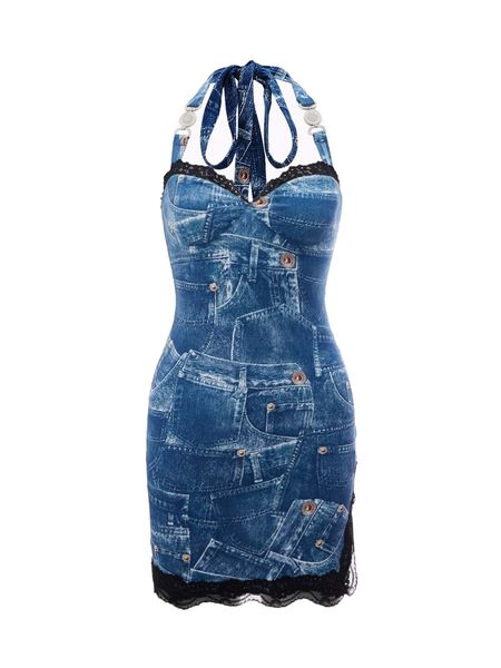 

pocket print contrast lace trim split hem halter dress v0qb#, Black;gray