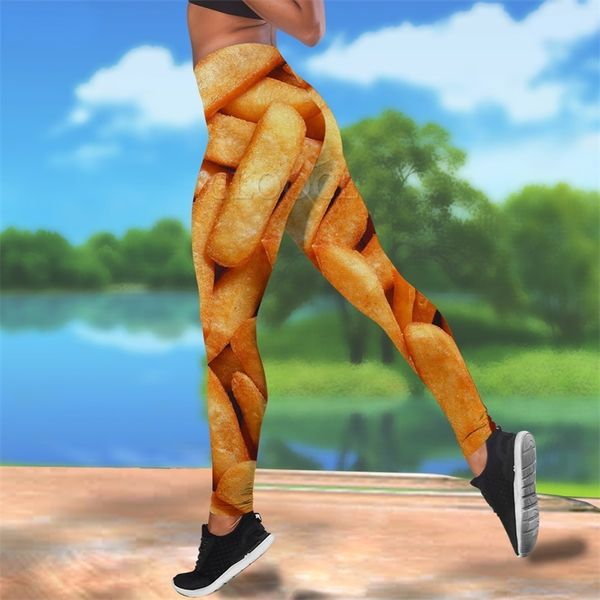 

women leggings gourmet potato chips printed high waist elasticity 3d legging female for outdoor jogging pants w220616, Black