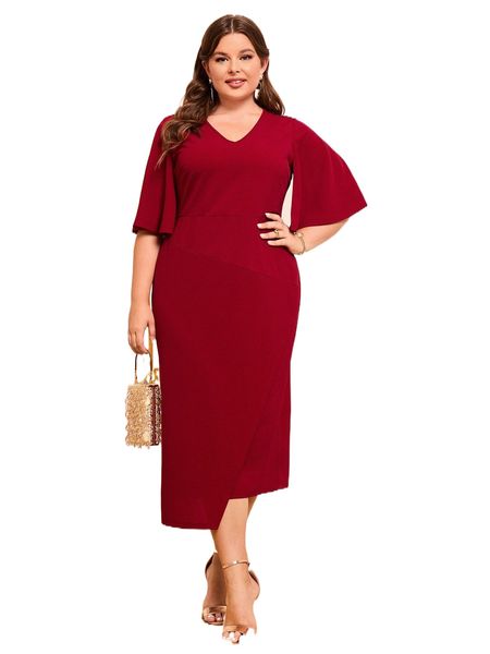 

plus v neck wrap split hem dress f3n7#, Black