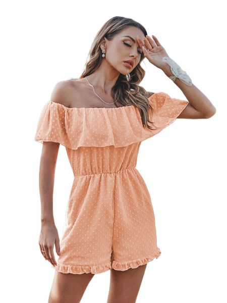 

off shoulder swiss dot ruffle trim romper a9zj#, Black;white