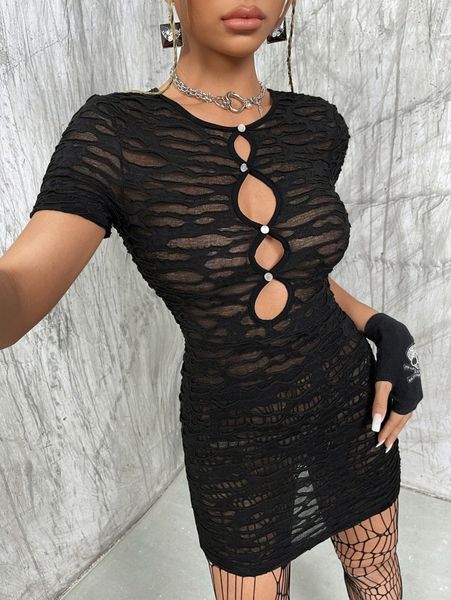 

1pc cut out front ripped bodycon dress a3mj#, Black;gray