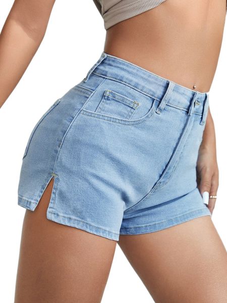 

light washed split hem denim shorts j1ty#, White;black
