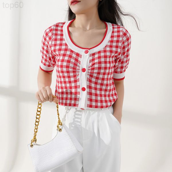 

women's sweaters designer []new summer korean red plaid short sleeved sweater foreign style round neck cardigan blouse women 30f3, White;black
