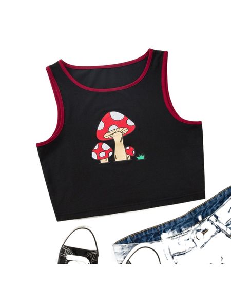 

mushroom print contrast binding tank w4o9#, White