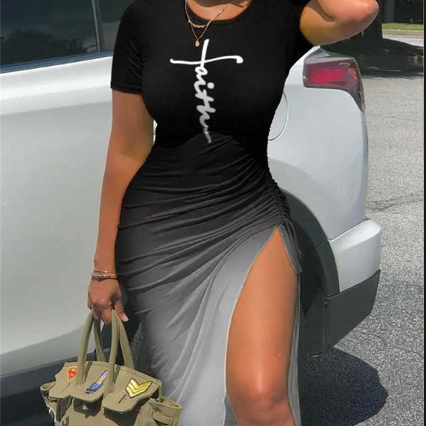 

2023 summer casual dress women camouflage printed short sleeve drawstring high slit dresses, Black;gray