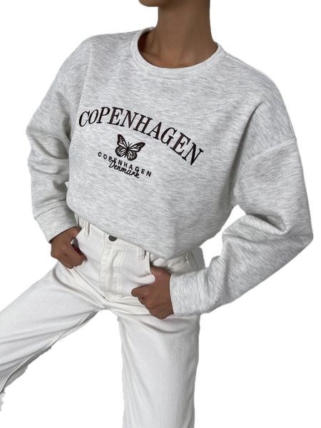 

letter and butterfly embroidery drop shoulder sweatshirt p8r3#, Black