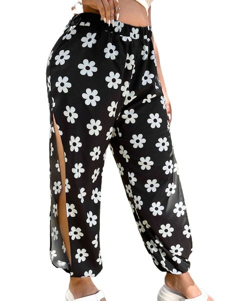 

plus floral print split thigh carrot pants i5ct#, Black