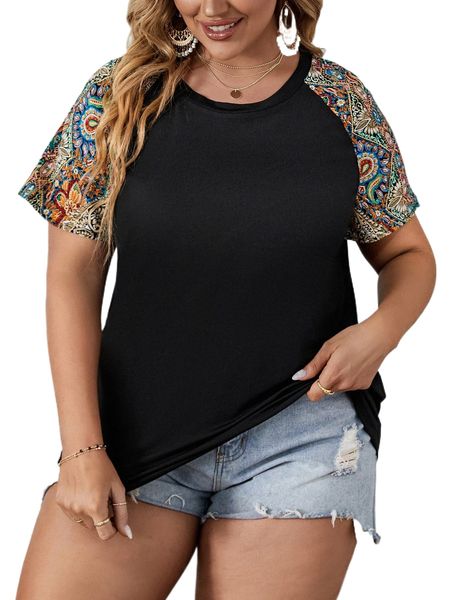 

plus paisley print raglan sleeve tee c659#, Black