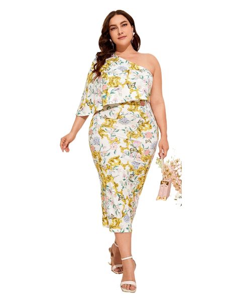 

plus floral & baroque print one shoulder split back dress u48g#, Black