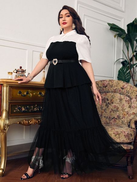 

plus colorblock ruffle hem dress without belt 85xx#, Black