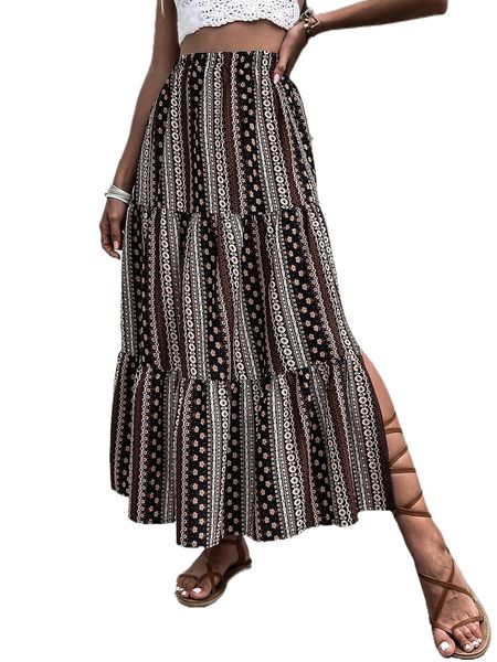 

ditsy floral print split ruffle hem skirt c4vt#, Black