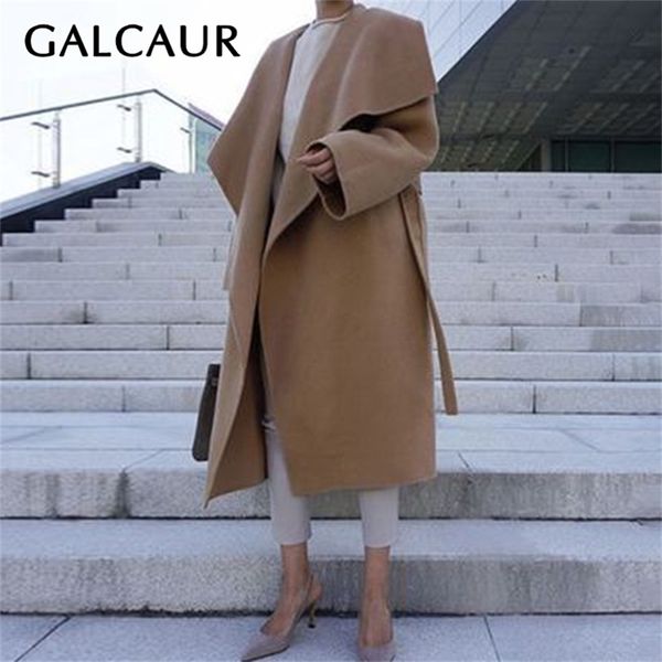 

galcaur casual tweed overcoat for women v neck long sleeve patchwork lace up oversized loose overcoats female clothing 201222, Black