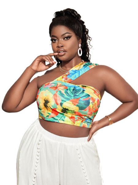 

sxy plus tropical print one shoulder crop m3q2#, Black