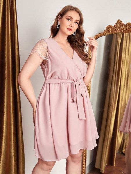 

plus eyelash lace sleeve belted dress e4aa#, Black