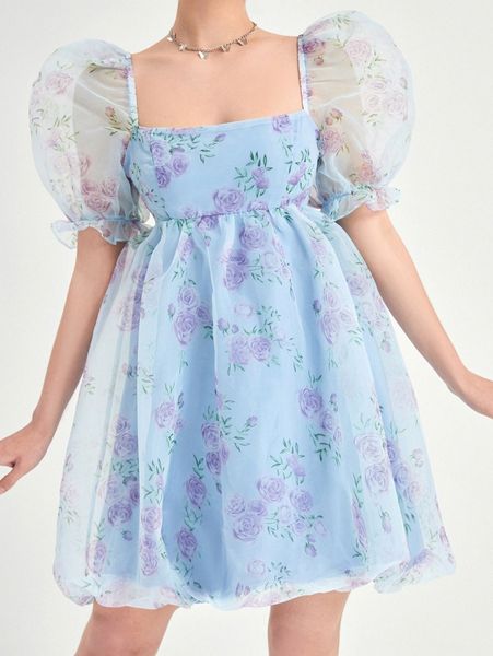 

floral print square neck puff sleeve organza dress q88e#, Black;gray