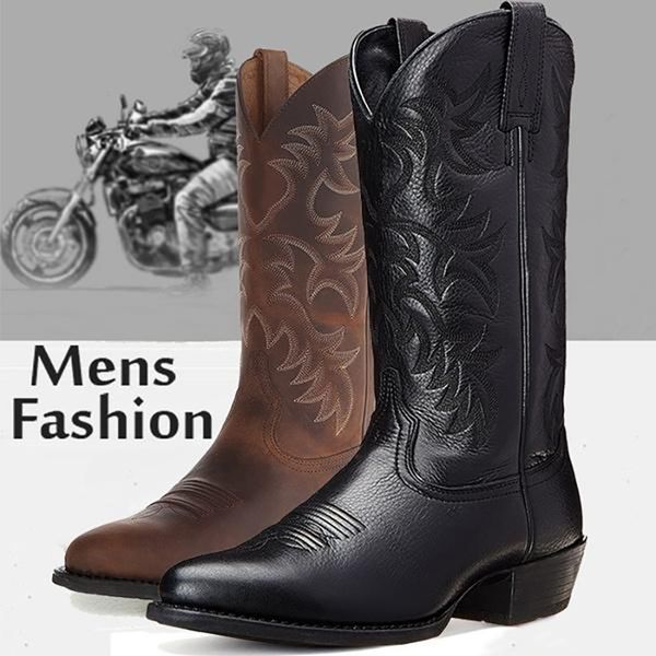 

vintage motorcycle cowboy boots men western boots embroidered mid calf leather male autumn comfortable knight boots, Black