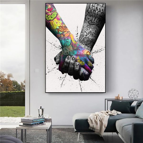 Graffiti Canvas Poster Wall Art Print World Unity Hands Graffiti Street Art Poster Picture for Living Room Decoration Painting