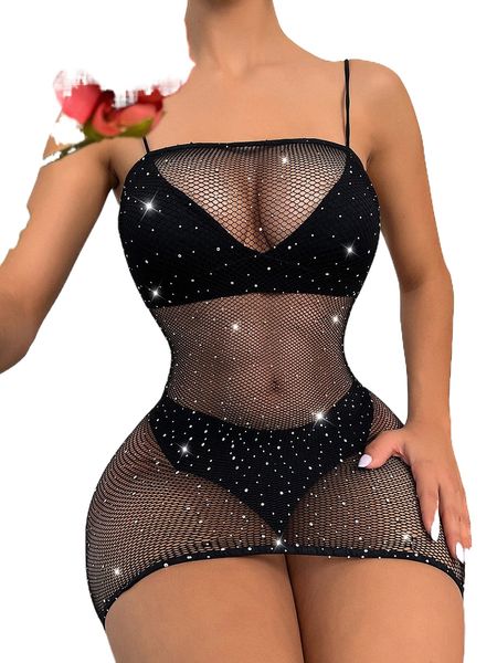 

rhinestone studded fishnet bodycon slips 39yz#, Black;red