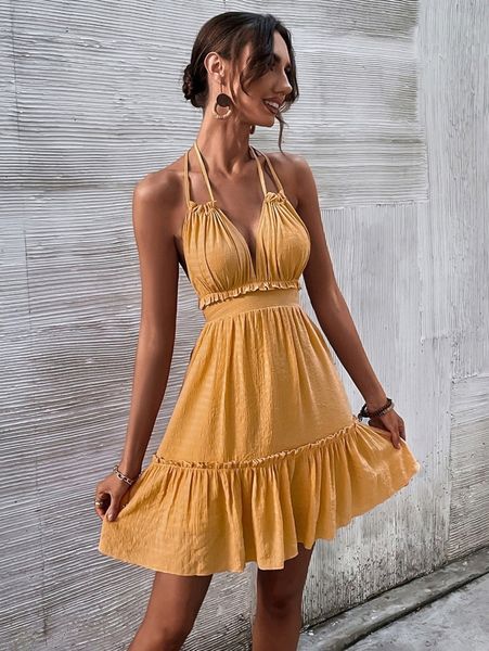 

tie backless ruffle hem halter dress z5ay#, Black;gray