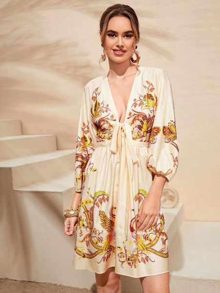 

floral print lantern sleeve tie front plunging neck dress q6hh#, Black;gray