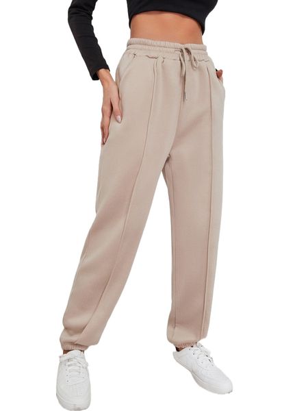 

solid drawstring waist pocket detail thermal lined sweatpants 997u#, Black;white
