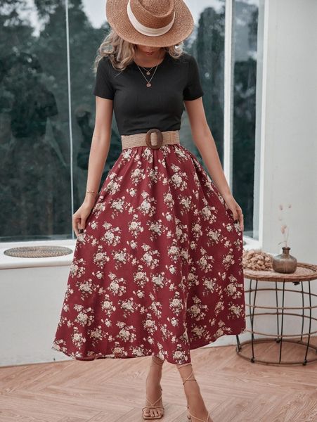

colorblock floral print dress without belt m5hf#, Black;gray