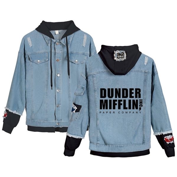 

the office tv show dunder mifflin trendy fake two piece denim jacket women long sleeve pockets hooded jacket streetwear clothes t200525, Black