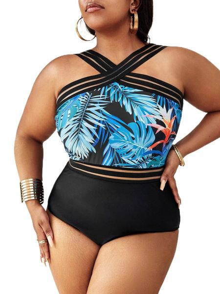 

plus tropical print contrast mesh high neck one piece swimsuit n59t#, White;black