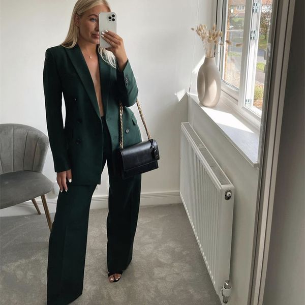 

woman elegant dark green straight blazer suits autumn female solid basic matching set ladies medium waisted pants suit 220718, White