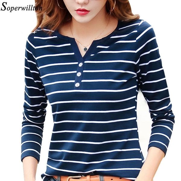 

t shirt women autumn shirts vneck long sleeve casual tshirts white strip tshirt plus size cotton tee shirt femme y200109
