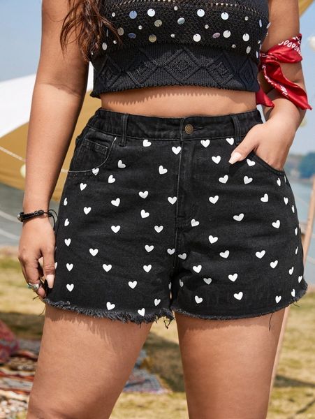 

plus heart print raw hem denim shorts q5v4#, White;black