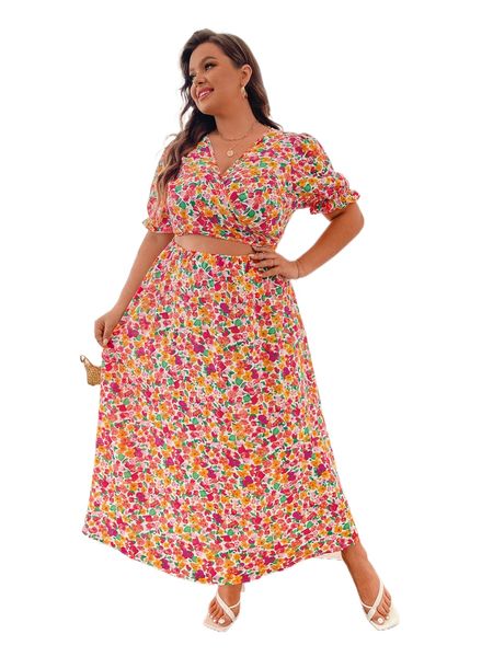 

plus allover floral print cut out puff sleeve tie back dress x2tv#, Black
