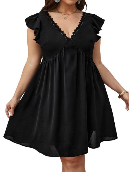 

plus guipure lace panel tie back butterfly sleeve dress g67u#, Black