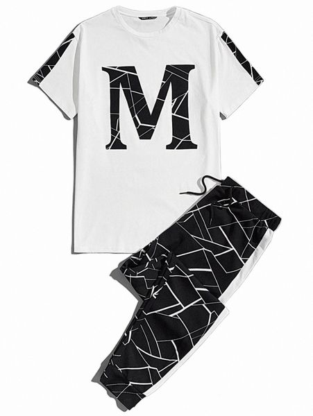 

men geo letter graphic & striped side joggers set a9oc#, Gray