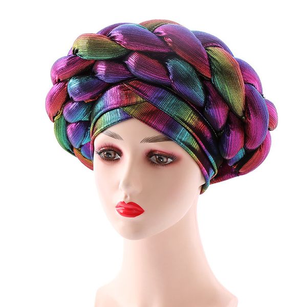 

turban pre-tied headwrap beanie skull caps women metallic braided head covering caps african headties for wedding and church headwear, Blue;gray