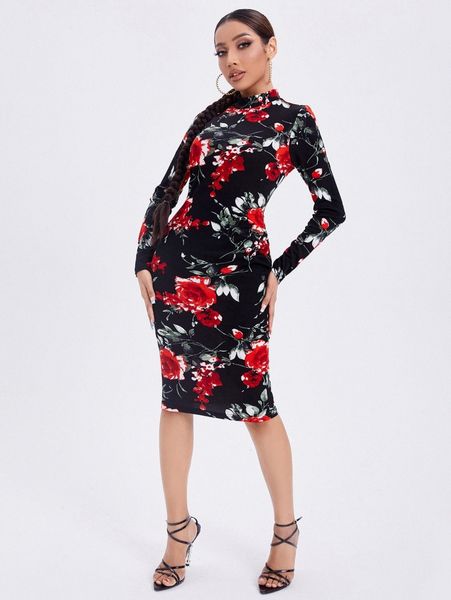 

floral print mock neck bodycon dress y7yh#, Black;gray